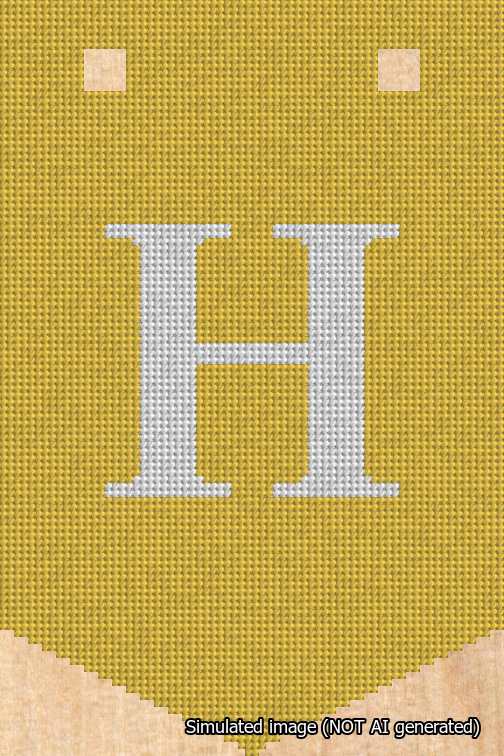 A simulated image of the stitched needlepoint design: Banner 18m Pointed H White on Yellow. Not A.I. generated.