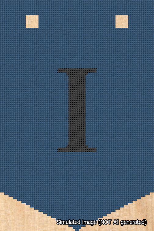 A simulated image of the stitched needlepoint design: Banner 18m Pointed I Black on Blue. Not A.I. generated.