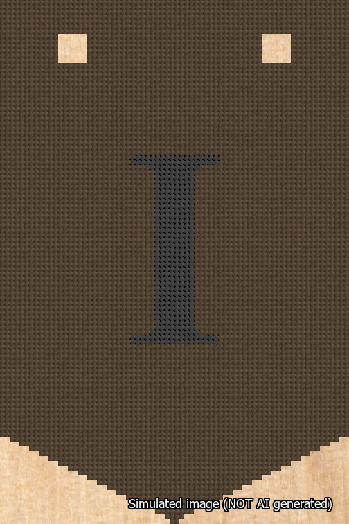 A simulated image of the stitched needlepoint design: Banner 18m Pointed I Black on Brown. Not A.I. generated.