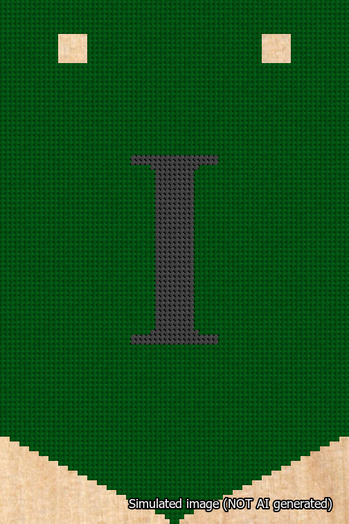 A simulated image of the stitched needlepoint design: Banner 18m Pointed I Black on Green. Not A.I. generated.