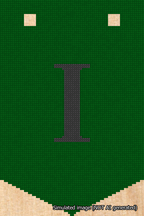 A simulated image of the stitched needlepoint design: Banner 18m Pointed I Black on Green. Not A.I. generated.