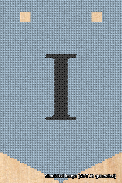 A simulated image of the stitched needlepoint design: Banner 18m Pointed I Black on Light Blue. Not A.I. generated.
