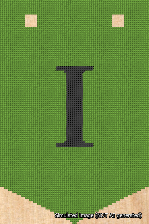 A simulated image of the stitched needlepoint design: Banner 18m Pointed I Black on Light Green. Not A.I. generated.
