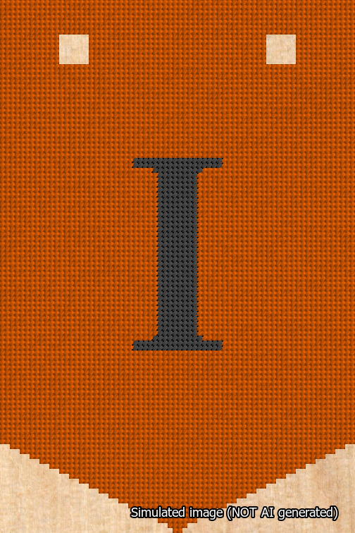 A simulated image of the stitched needlepoint design: Banner 18m Pointed I Black on Orange. Not A.I. generated.