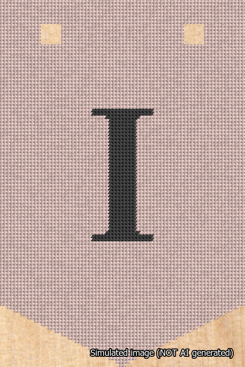 A simulated image of the stitched needlepoint design: Banner 18m Pointed I Black on Pink. Not A.I. generated.