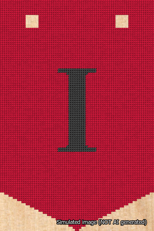 A simulated image of the stitched needlepoint design: Banner 18m Pointed I Black on Red. Not A.I. generated.