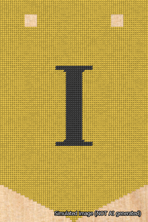 A simulated image of the stitched needlepoint design: Banner 18m Pointed I Black on Yellow. Not A.I. generated.