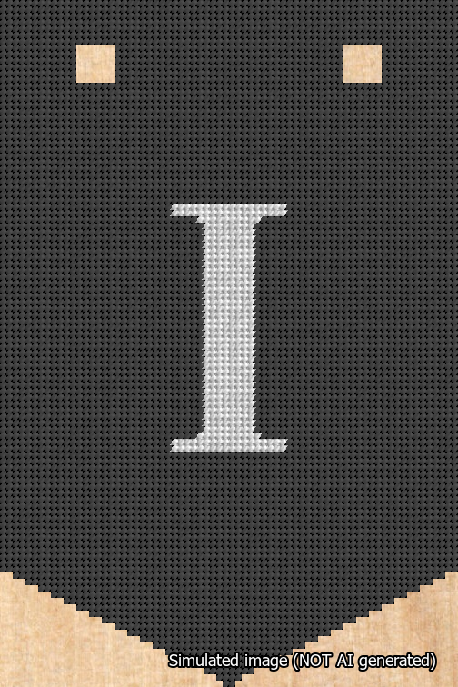 A simulated image of the stitched needlepoint design: Banner 18m Pointed I White on Black. Not A.I. generated.