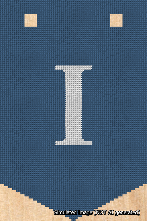 A simulated image of the stitched needlepoint design: Banner 18m Pointed I White on Blue. Not A.I. generated.