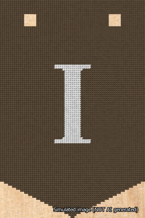 A simulated image of the stitched needlepoint design: Banner 18m Pointed I White on Brown. Not A.I. generated.