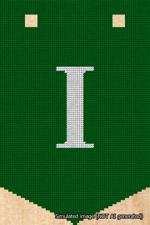 A simulated image of the stitched needlepoint design: Banner 18m Pointed I White on Green. Not A.I. generated.