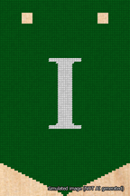 A simulated image of the stitched needlepoint design: Banner 18m Pointed I White on Green. Not A.I. generated.