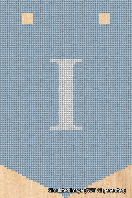 A simulated image of the stitched needlepoint design: Banner 18m Pointed I White on Light Blue. Not A.I. generated.