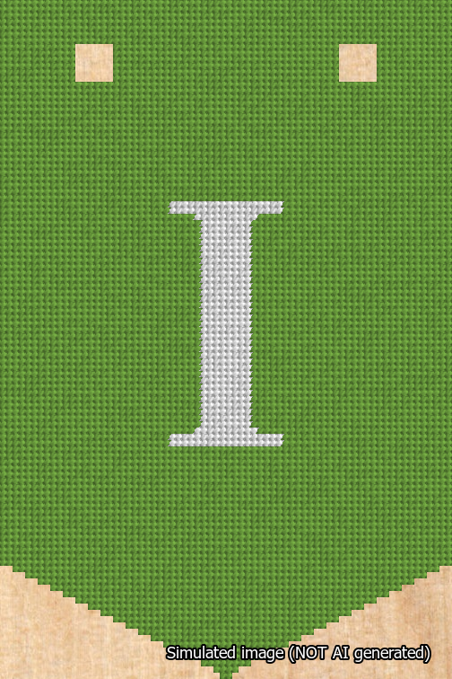 A simulated image of the stitched needlepoint design: Banner 18m Pointed I White on Light Green. Not A.I. generated.