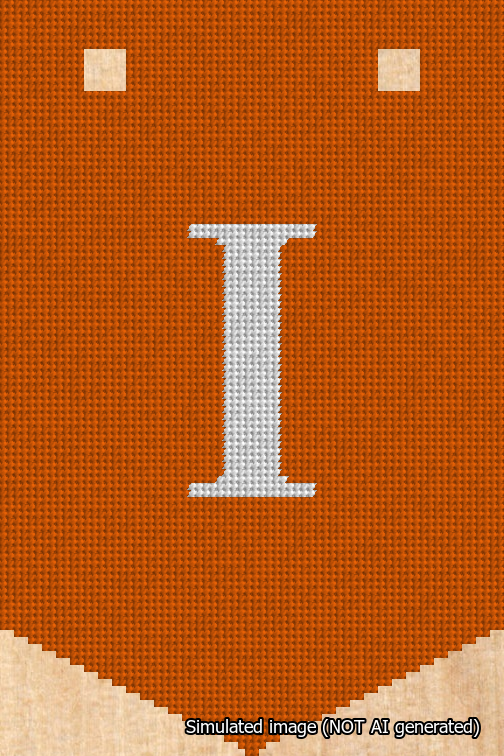 A simulated image of the stitched needlepoint design: Banner 18m Pointed I White on Orange. Not A.I. generated.