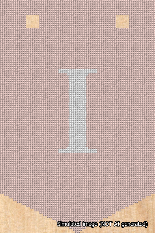 A simulated image of the stitched needlepoint design: Banner 18m Pointed I White on Pink. Not A.I. generated.