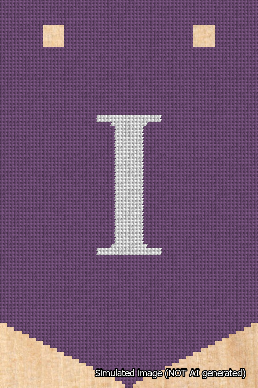 A simulated image of the stitched needlepoint design: Banner 18m Pointed I White on Purple. Not A.I. generated.