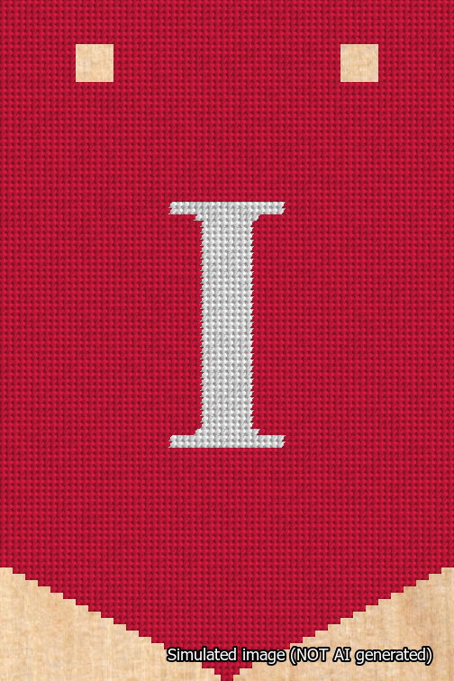 A simulated image of the stitched needlepoint design: Banner 18m Pointed I White on Red. Not A.I. generated.