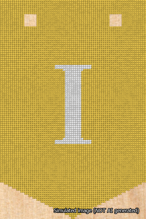 A simulated image of the stitched needlepoint design: Banner 18m Pointed I White on Yellow. Not A.I. generated.