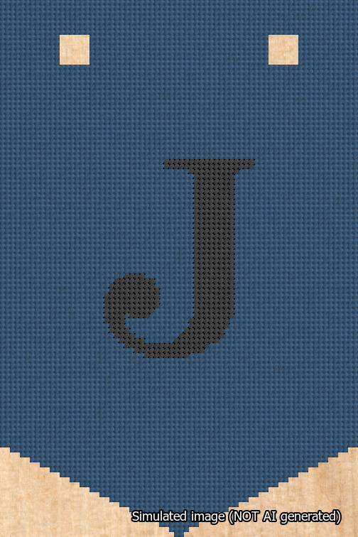 A simulated image of the stitched needlepoint design: Banner 18m Pointed J Black on Blue. Not A.I. generated.