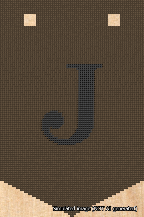A simulated image of the stitched needlepoint design: Banner 18m Pointed J Black on Brown. Not A.I. generated.
