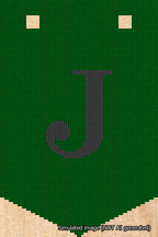 A simulated image of the stitched needlepoint design: Banner 18m Pointed J Black on Green. Not A.I. generated.