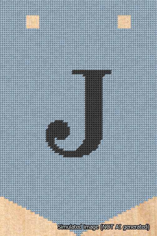 A simulated image of the stitched needlepoint design: Banner 18m Pointed J Black on Light Blue. Not A.I. generated.