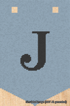 A simulated image of the stitched needlepoint design: Banner 18m Pointed J Black on Light Blue. Not A.I. generated.
