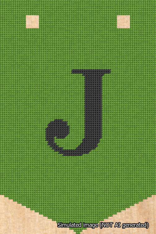 A simulated image of the stitched needlepoint design: Banner 18m Pointed J Black on Light Green. Not A.I. generated.