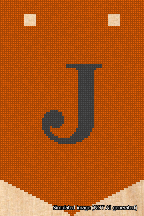 A simulated image of the stitched needlepoint design: Banner 18m Pointed J Black on Orange. Not A.I. generated.