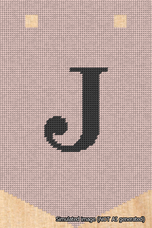 A simulated image of the stitched needlepoint design: Banner 18m Pointed J Black on Pink. Not A.I. generated.