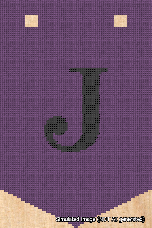 A simulated image of the stitched needlepoint design: Banner 18m Pointed J Black on Purple. Not A.I. generated.