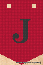 A simulated image of the stitched needlepoint design: Banner 18m Pointed J Black on Red. Not A.I. generated.