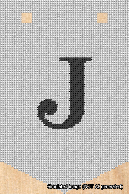 A simulated image of the stitched needlepoint design: Banner 18m Pointed J Black on White. Not A.I. generated.