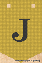 A simulated image of the stitched needlepoint design: Banner 18m Pointed J Black on Yellow. Not A.I. generated.