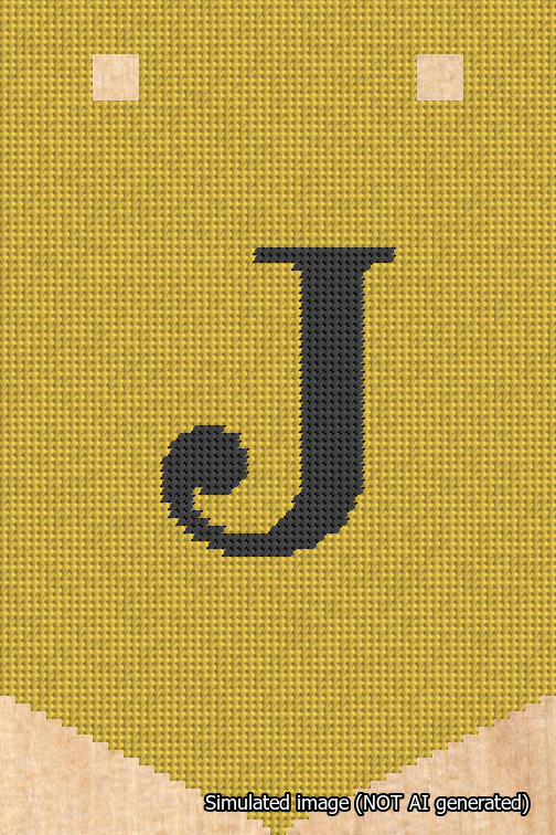 A simulated image of the stitched needlepoint design: Banner 18m Pointed J Black on Yellow. Not A.I. generated.