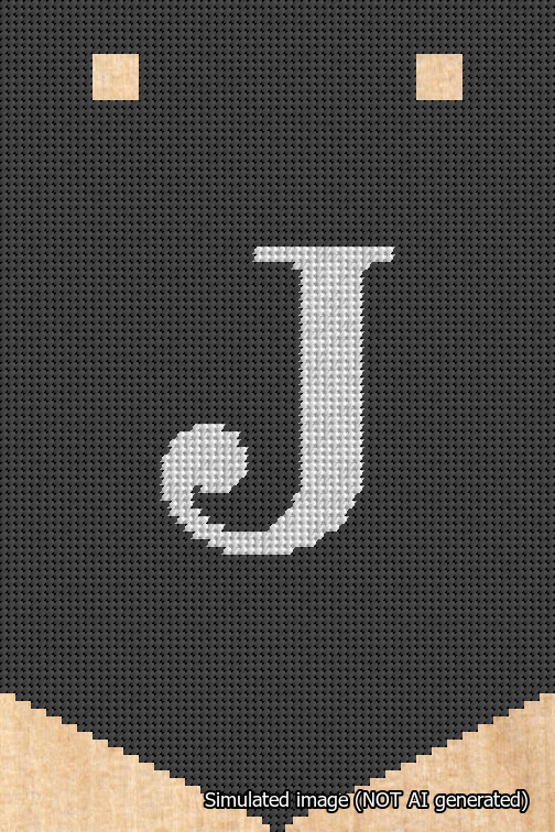 A simulated image of the stitched needlepoint design: Banner 18m Pointed J White on Black. Not A.I. generated.