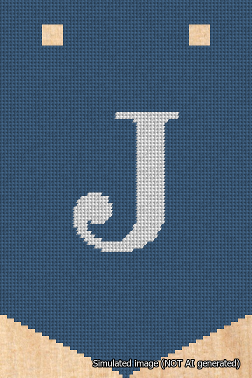 A simulated image of the stitched needlepoint design: Banner 18m Pointed J White on Blue. Not A.I. generated.