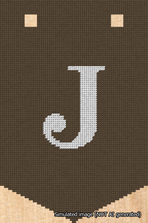 A simulated image of the stitched needlepoint design: Banner 18m Pointed J White on Brown. Not A.I. generated.