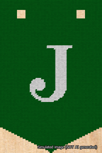A simulated image of the stitched needlepoint design: Banner 18m Pointed J White on Green. Not A.I. generated.