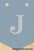 A simulated image of the stitched needlepoint design: Banner 18m Pointed J White on Light Blue. Not A.I. generated.