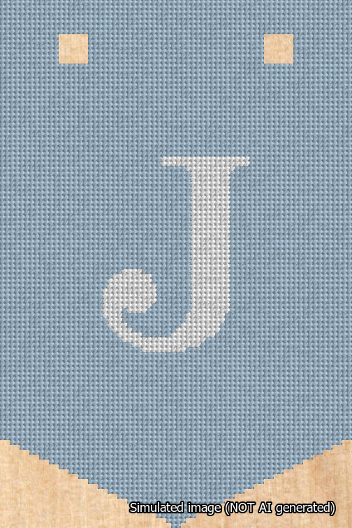 A simulated image of the stitched needlepoint design: Banner 18m Pointed J White on Light Blue. Not A.I. generated.