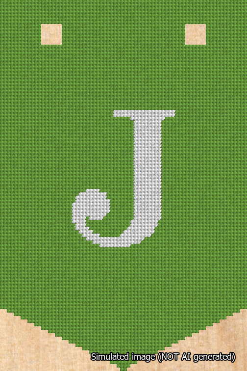 A simulated image of the stitched needlepoint design: Banner 18m Pointed J White on Light Green. Not A.I. generated.
