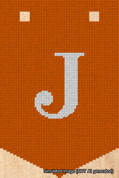 A simulated image of the stitched needlepoint design: Banner 18m Pointed J White on Orange. Not A.I. generated.