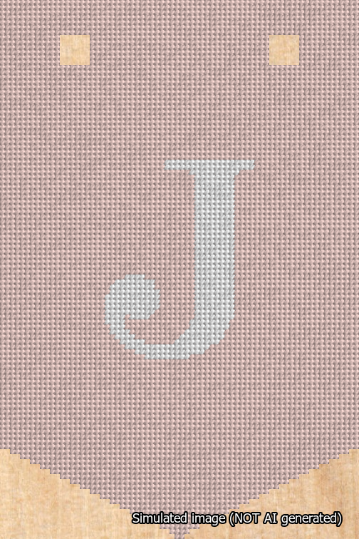 A simulated image of the stitched needlepoint design: Banner 18m Pointed J White on Pink. Not A.I. generated.