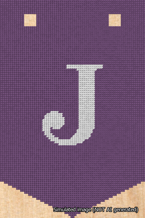 A simulated image of the stitched needlepoint design: Banner 18m Pointed J White on Purple. Not A.I. generated.