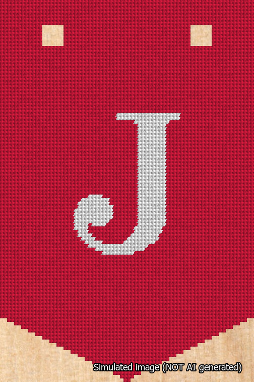 A simulated image of the stitched needlepoint design: Banner 18m Pointed J White on Red. Not A.I. generated.