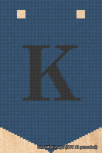 A simulated image of the stitched needlepoint design: Banner 18m Pointed K Black on Blue. Not A.I. generated.