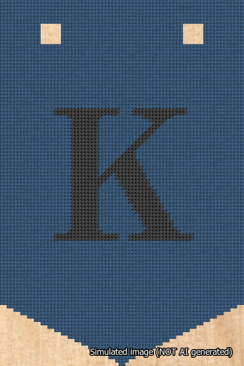 A simulated image of the stitched needlepoint design: Banner 18m Pointed K Black on Blue. Not A.I. generated.