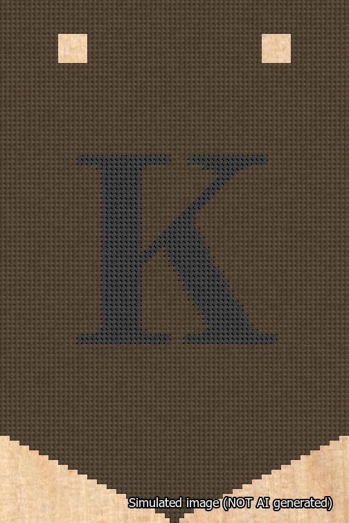 A simulated image of the stitched needlepoint design: Banner 18m Pointed K Black on Brown. Not A.I. generated.